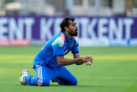 India's Prince Yadav takes the catch to dismiss Afghanistan's Rashid Khan during the third ODI cricket match between Afghanistan and India in Chennai.