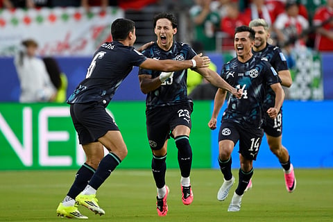 Paraguay's Matias Galarza (23) celebrates with Junior Alonso (6) and Andres Cubas (14) after scoring their opening goal during the World Cup Group D soccer match between Turkey and Paraguay in Santa Clara, Calif., near San Francisco, Friday, June 19, 2026