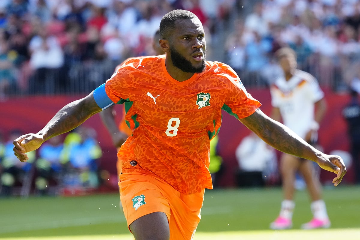 Ivory Coast's Franck Kessie (8) celebrates his goal against Germany during the World Cup Group E soccer match between Germany and Ivory Coast in Toronto - Frank Gunn/The Canadian Press via AP