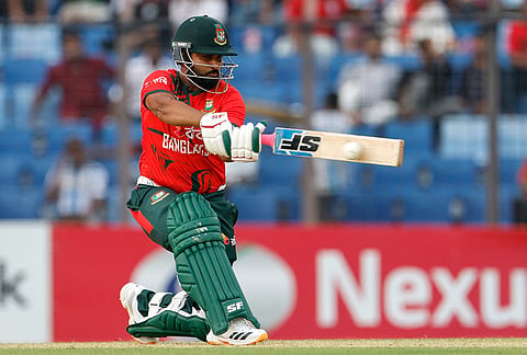 Bangladesh's Shamim Hossain Paatwary plays a shot during the second T20 international cricket match between Australia and Bangladesh, in Chattogram, Bangladesh.