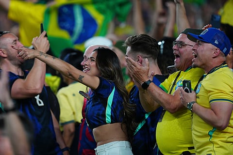 Brazil fans cheer after their team's second goal against Haiti during the World Cup Group C soccer match between Brazil and Haiti in Philadelphia, Friday, June 19, 2026.