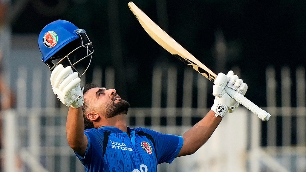 Afghanistan's captain Hashmatullah Shahidi celebrates his century during the third ODI cricket match between Afghanistan and India in Chennai, India, Saturday, June 20, 2026. - AP Photo/Mahesh Kumar A.