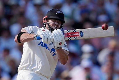 New Zealand's Henry Nicholls bats on day three of the second cricket test between England and New Zealand, in London.