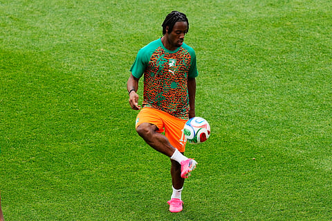 Ivory Coast's Elye Wahi (12) warms up prior to the World Cup Group E soccer match between Germany and Ivory Coast in Toronto, Saturday, June 20, 2026. 