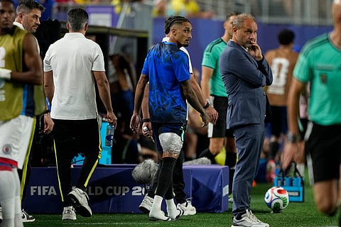 Brazil's Raphinha wears an ice pack on his leg after leaving the field during the World Cup Group C soccer match between Brazil and Haiti in Philadelphia, Friday, June 19, 2026.