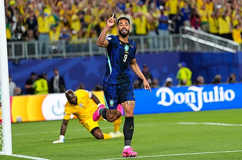 Brazil's Matheus Cunha (9) celebrates after scoring his side's opening goal during the World Cup Group C soccer match between Brazil and Haiti in Philadelphia, Friday, June 19, 2026.