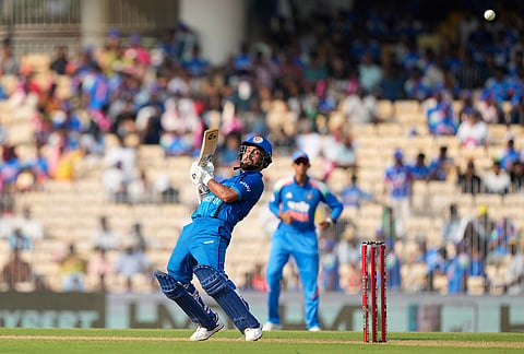 Afghanistan's captain Hashmatullah Shahidi guides a bouncer from India's Prasidh Krishna for a boundary during the third ODI cricket match between Afghanistan and India in Chennai.