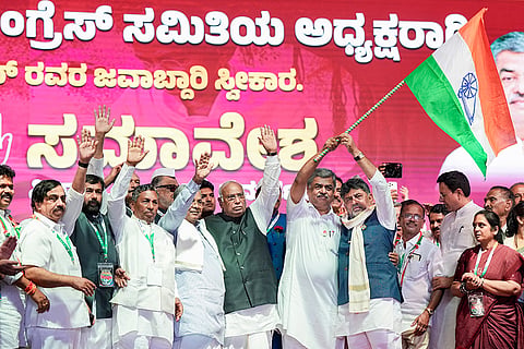 Karnataka Chief Minister DK Shivakumar, Congress president Mallikarjun Kharge, former CM Siddaramaiah, party MP Randeep Surjewala, and senior Congress leader BK Hariprasad, during a convention at which Hariprasad formally assumes charge as Karnataka Pradesh Congress Committee (KPCC) president, in Bengaluru, Karnataka.