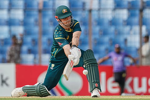Australia's captain Mitchell Marsh plays a shot during the third T20 international cricket match between Australia and Bangladesh, in Chattogram, Bangladesh.