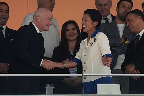 FIFA President Gianni Infantino, left, greets Japan's Hisako, Princess Takamado before the World Cup Group F soccer match between Tunisia and Japan in Guadalupe, near Monterrey, Mexico, Saturday, June 20, 2026.
