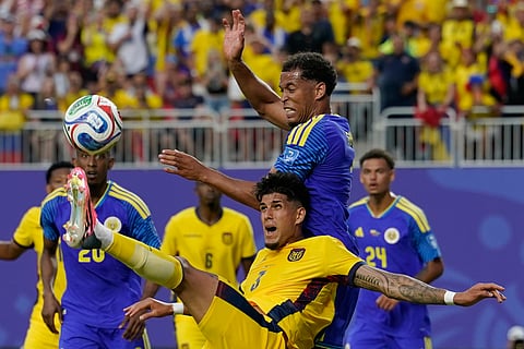 Ecuador's Piero Hincapie shoots during a World Cup Group E soccer match against Curacao in Kansas City, Mo., Saturday, June 20, 2026.
