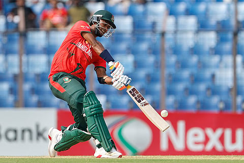 Bangladesh's Shoriful Islam plays a shot during the third T20 international cricket match between Australia and Bangladesh, in Chattogram, Bangladesh.