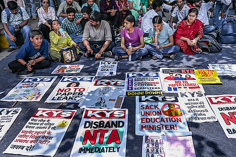 Cockroach Janta Party (CJP) supporters on the second day of a protest over alleged examination irregularities, repeated paper leaks and demands for accountability from the government, in New Delhi.