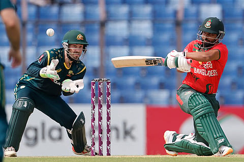 Bangladesh's Shamim Hossain Paatwary plays a shot during the third T20 international cricket match between Australia and Bangladesh, in Chattogram, Bangladesh.