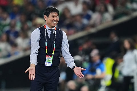 Japan head coach Hajime Moriyasu smiles during the World Cup Group F soccer match against Tunisia in Guadalupe, near Monterrey, Mexico, Saturday, June 20, 2026.