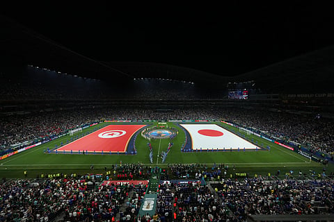Players of Japan and Tunisia line up before their World Cup Group F soccer match in Guadalupe, near Monterrey, Mexico, Saturday, June 20, 2026.