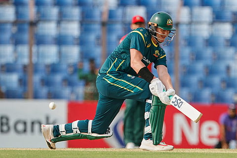 Australia's Matt Renshaw plays a shot during the third T20 international cricket match between Australia and Bangladesh, in Chattogram, Bangladesh.