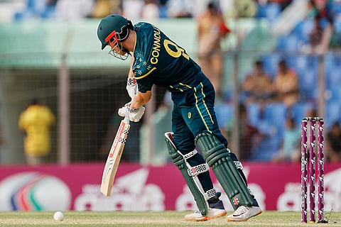 Australia's Cooper Connolly plays a shot during the third T20 international cricket match between Australia and Bangladesh, in Chattogram, Bangladesh.