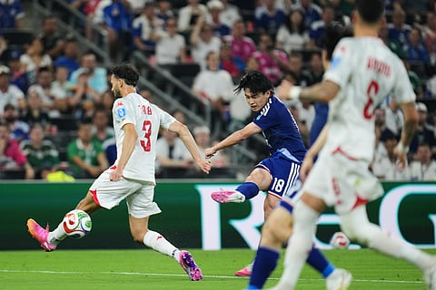 Japan's Ayase Ueda scores his side's second goal against Tunisia during the World Cup Group F soccer match in Guadalupe, near Monterrey, Mexico, Saturday, June 20, 2026.