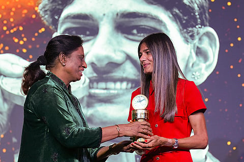 Athlete Parul Chaudhary, right, being conferred with the 'Best Female Athlete of the Year ' by the Indian Olympic Association (IOA) president P T Usha during the inaugural 'Indian Athletics Awards' ceremony, launched by the Athletics Federation of India (AFI), in New Delhi. Chaudhary is the national record holder in the 3000m steeplechase.