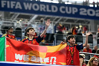 Spain Vs Saudi Arabia, FIFA World Cup 2026: See Best Photos From Group H Clash At Atlanta Stadium AP : Young Spain fans wave at Spain players taking a walk around the pitch before the World Cup Group H soccer match.