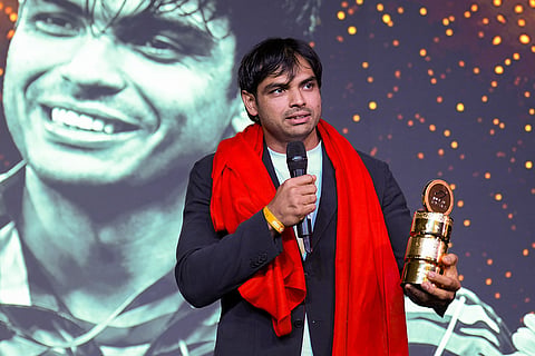 Ace Indian javelin thrower Neeraj Chopra speaks after he was conferred the 'Best Male Athlete of the Year 2025' during the inaugural 'Indian Athletics Awards' ceremony, launched by the Athletics Federation of India (AFI), in New Delhi.