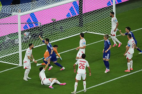 Japan's Daichi Kamada celebrates scoring the opening goal during a World Cup Group F soccer match between Tunisia and Japan in Guadalupe, near Monterrey, Mexico, Saturday, June 20, 2026.