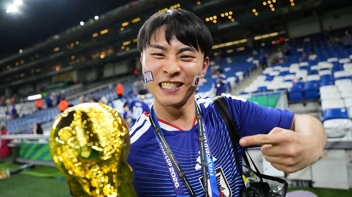 A fan of Japan poses for a picture prior to the World Cup Group F soccer match between Tunisia and Japan in Guadalupe, near Monterrey, Mexico, Saturday, June 20, 2026. - (AP Photo/Matias Delacroix)