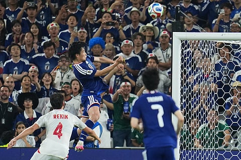 Japan's Ayase Ueda, center, scores their fourth goal against Tunisia during the World Cup Group F soccer match in Guadalupe, near Monterrey, Mexico, Saturday, June 20, 2026.