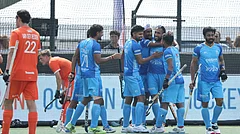 Indian Hockey Team players celebrate after a goal during FIH Pro League 2025-26 match against Netherlands at Rotterdam. - TheHockeyIndia/X