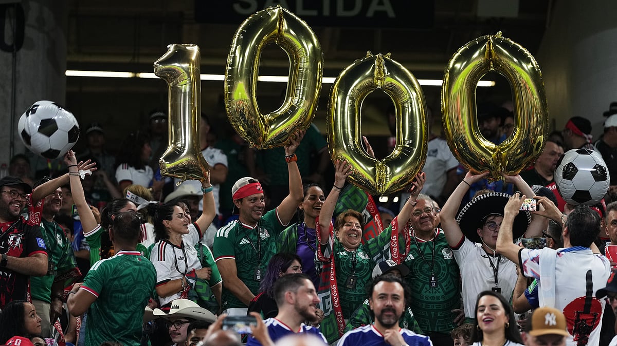 Fans hold balloons marking the 1,000th World Cup match prior to the Group F soccer match between Tunisia and Japan in Guadalupe, near Monterrey, Mexico, Saturday, June 20, 2026. - (AP Photo/Matias Delacroix)