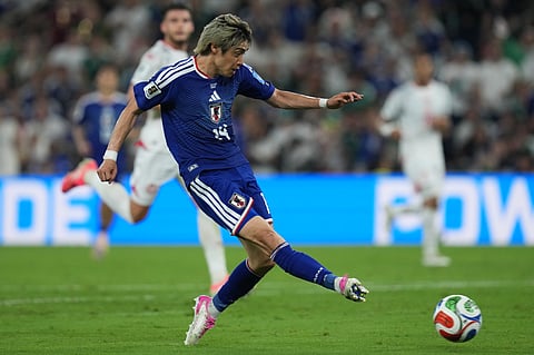 Japan's Junya Ito scores his side's 3rd goal against Tunisia during a World Cup Group F soccer match in Guadalupe, near Monterrey, Mexico, Saturday, June 20, 2026.