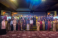 | Photo: PTI/Karma Bhutia : Union Sports Minister Mansukh Mandaviya, Indian Olympic Association (IOA) president P T Usha, AFI President Bahadur Singh Sagoo, Ace Indian javelin thrower Neeraj Chopra and others during a group photograph at the inaugural 'Indian Athletics Awards' ceremony, launched by the Athletics Federation of India (AFI), in New Delhi.