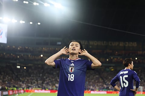 Japan's Ayase Ueda (18) celebrates after scoring their second goal during the World Cup Group F soccer match between Tunisia and Japan in Guadalupe, near Monterrey, Mexico, Saturday, June 20, 2026.