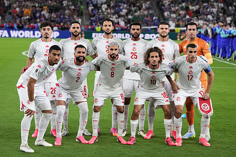 Tunisia team pose for a group photo before the World Cup Group F soccer match against Japan in Guadalupe, near Monterrey, Mexico, Saturday, June 20, 2026.