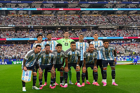 Argentina players pose before the World Cup Group J soccer match between Argentina and Austria in Arlington, Texas, near Dallas
