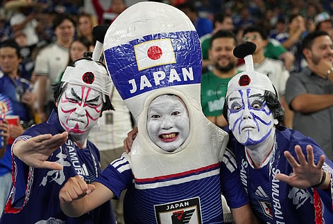 Japan fans cheer prior to the World Cup Group F soccer match against Tunisia in Guadalupe, near Monterrey, Mexico, Saturday, June 20, 2026.