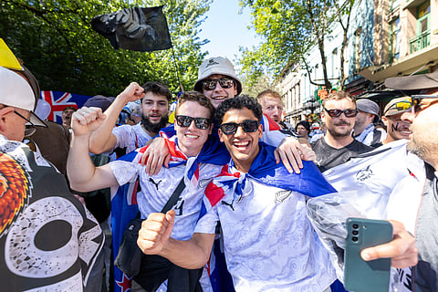 New Zealand fans march to BC Place prior to a World Cup Group G soccer match against Egypt in Vancouver, British Columbia, Sunday, June 21, 2026