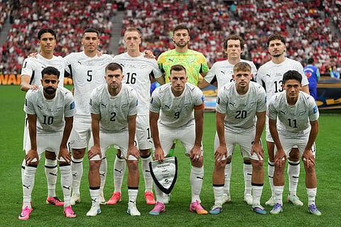 New Zealand players pose for a group photo before the World Cup Group G soccer match between New Zealand and Egypt in Vancouver, British Columbia, Sunday, June 21, 2026