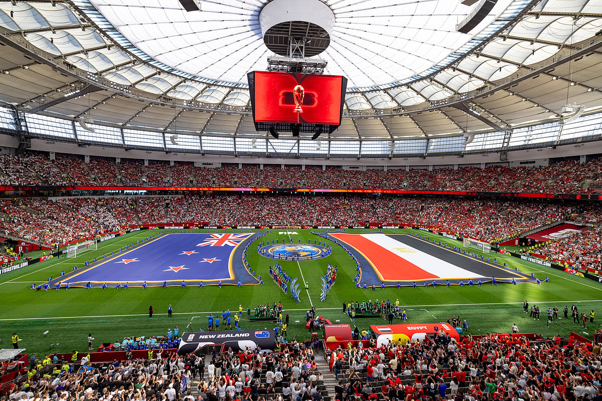 New Zealand and Egypt's flags are spread across the field before the World Cup Group G soccer match in Vancouver, British Columbia, Sunday, June 21, 2026 - (Timothy Matwey/The Canadian Press via AP)