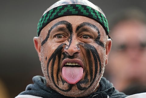 A fan of New Zealand performs a haka ahead of the World Cup Group G soccer match between Iran and New Zealand in Inglewood, Calif., near Los Angeles, Monday, June 15, 2026. 
