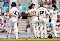 | Photo: Ben Whitley/PA via AP : New Zealand's Matt Henry celebrates taking the wicket of England's Jordan Cox  on day five of the Second Rothesay Test cricket match between England and New Zealand in London, England.
