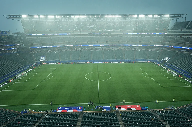A general view of the stadium during a storm delay in the World Cup Group I soccer match between France and Iraq in Philadelphia, - AP/Matt Rourke