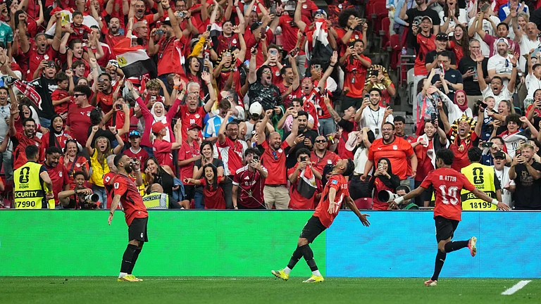 Egypt celebrates a goal against New Zealand during the second half of the World Cup Group G soccer match in Vancouver, British Columbia, Sunday, June 21, 2026 - (Ethan Cairns/The Canadian Press via AP)