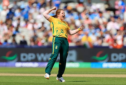 South Africa's Nadine de Klerk celebrates taking the wicket of India's Jemimah Rodrigues during the ICC Women's T20 World Cup match between India and South Africa, at Emirates Old Trafford, Manchester, England.