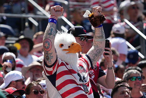 US fan reacts during the World Cup Group D soccer match between the United States and Australia in Seattle, Friday, June 19, 2026. 