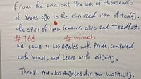 AP : A handwritten message left by the Iranian national soccer team thanking Los Angeles for its hospitality during the 2026 FIFA World Cup
