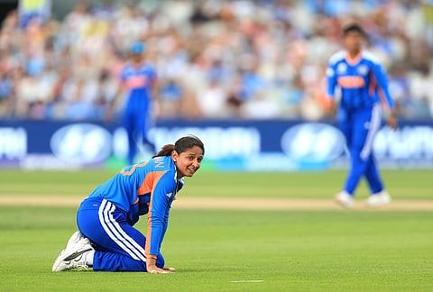 India's Harmanpreet Kaur looks on during the ICC Women's T20 World Cup match between India and South Africa, at Emirates Old Trafford, Manchester, England.