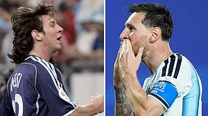 (AP Photo/Martin Meissner, Charlie Riedel) : FILE - This photo combination shows Argentina's Lionel Messi celebrating after scoring his first World Cup goal against Serbia and Montenegro at Gelsenkirchen stadium, Germany, June 16, 2006 and Messi reacting after scoring the third goal of his hat trick, the first of his career, during a World Cup soccer match against Algeria in Kansas City, Mo., June 16, 2026