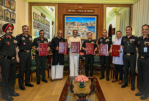Chief of the Army Staff (COAS) General Upendra Dwivedi in a group photograph with Director General of Information Systems (DG IS) Lieutenant General Harsh Chhibber, Zoho Corporation Director of Engineering Rajendran Dandapani and others during the signing of Memorandum of Understanding (MoU) between Indian Army and Zoho Corporation under the Jointness, Atmanirbharta and Innovation (JAI) initiative, New Delhi.
